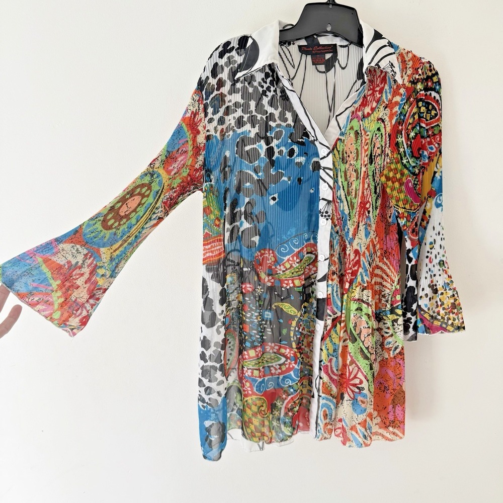 Colorful Art To Wear Blouse Womens M Sheer Pleated Boho Paisley Statement Top